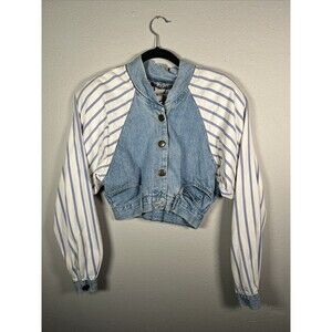 Up Cycled Cropped Denim Jacket w/ Striped Blue Sleeves #11